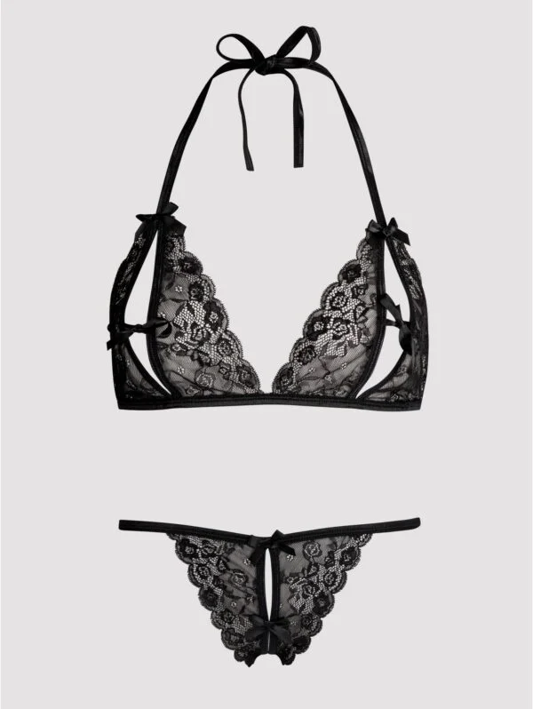BellesHoney Plus Size Black Lace Peek-a-Boo Bra and Crotchless G-String Set