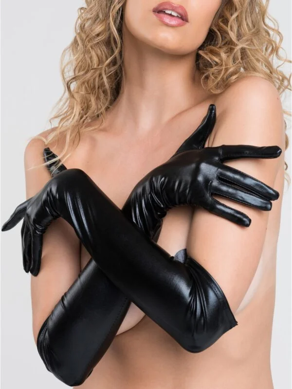 BellesHoney Plus Size Fierce Black Wet Look Elbow-Length Gloves