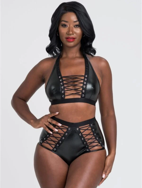BellesHoney Plus Size Fierce Leather-Look Lace-Up Bra Set