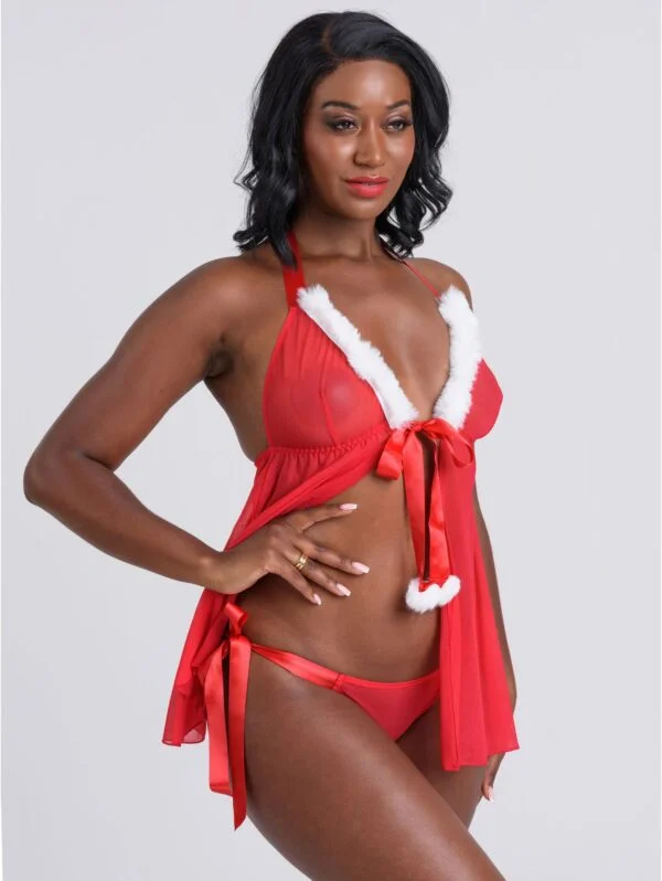 BellesHoney Plus Size Holiday Pom-Pom Red Sheer Babydoll Set