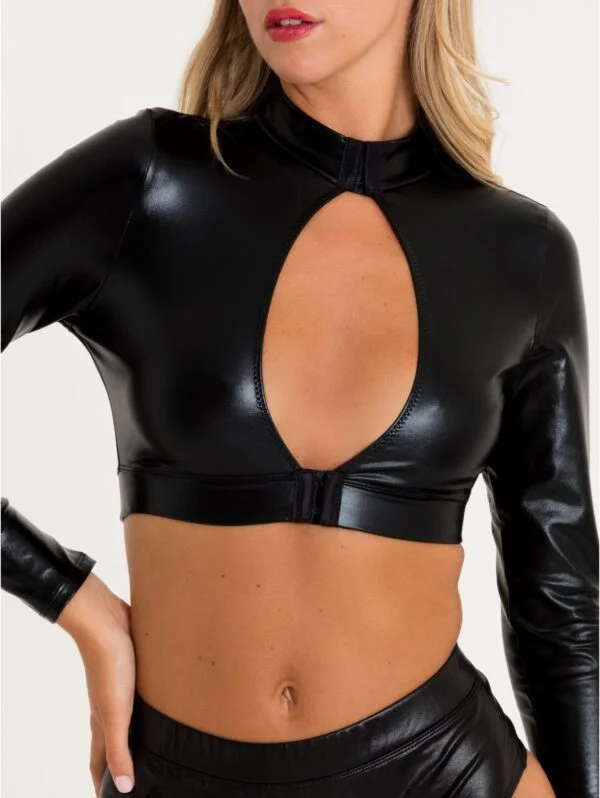 BellesHoney Plus Size Fierce Wet Look Long Sleeve Cut-Out Crop Top