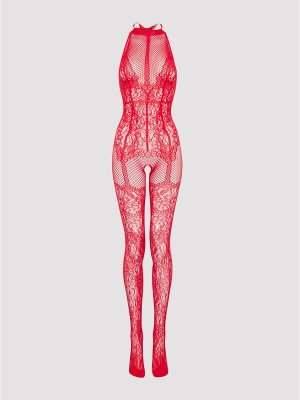 BellesHoney Plus Size Red Lace Crotchless Basque Bodystocking