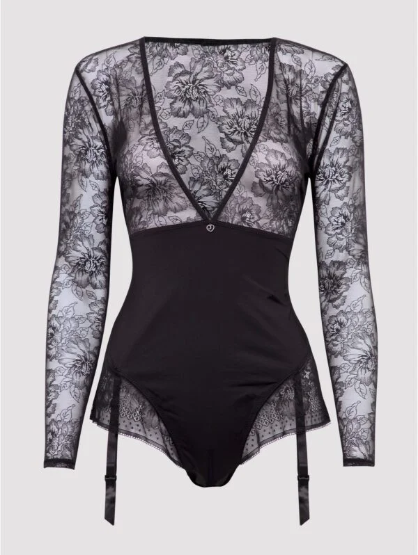 BellesHoney Plus Size Hourglass Black Smoothing Long Sleeve Crotchless Teddy