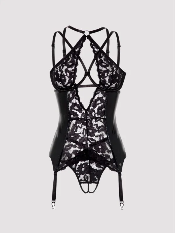 BellesHoney Plus Size Fierce Romance Black Wet Look and Lace Bustier Set