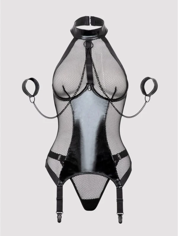 BellesHoney Plus Size Fierce Siren Fishnet and Wet Look Basque Set
