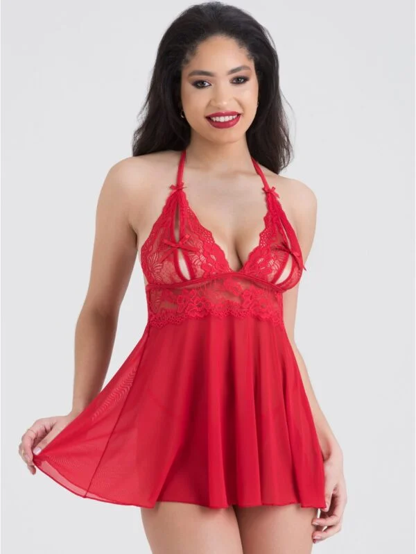 BellesHoney Plus Size Peek-a-Boo Red Lace Babydoll Set