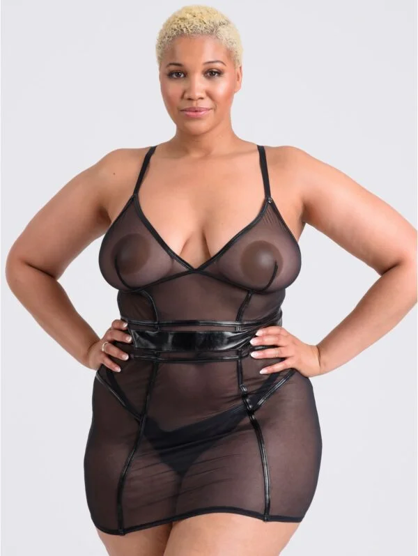BellesHoney Plus Size Fierce Wet Look and Mesh Paneled Black Mini Dress Set