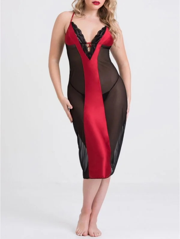 BellesHoney Plus Size Empress Red Satin and Mesh Long Slip
