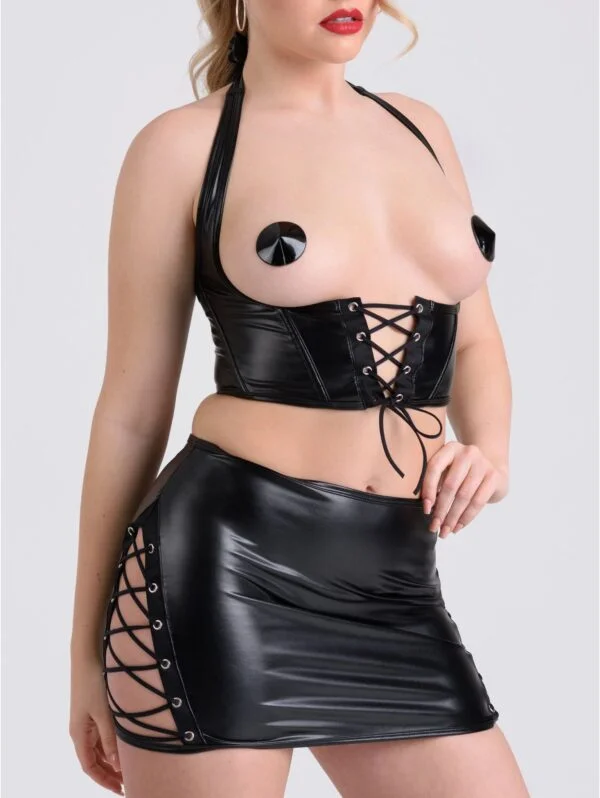 BellesHoney Plus Size Fierce Leather Look Lace-Up Black Bra & Skirt Set