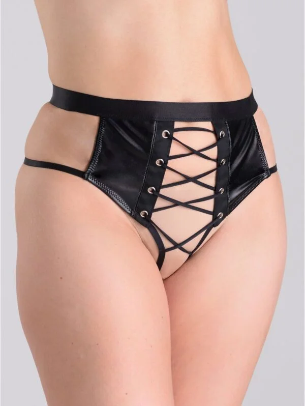 BellesHoney Fierce Leather Look Lace-Up Black Crotchless Thong