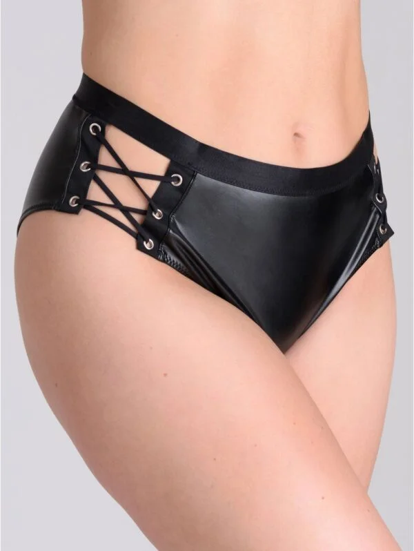BellesHoney Plus Size Fierce Leather Look Lace-Up Black Crotchless Open-Back Panties