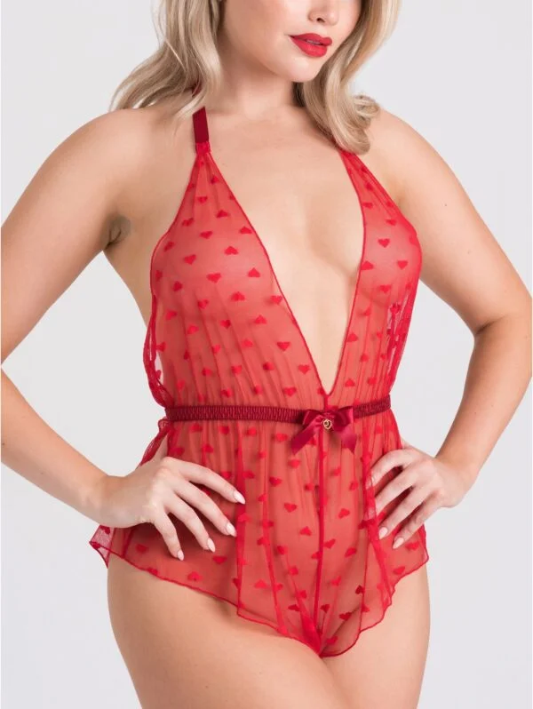 BellesHoney Plus Size Barely There Red Sheer Hearts Crotchless Teddy