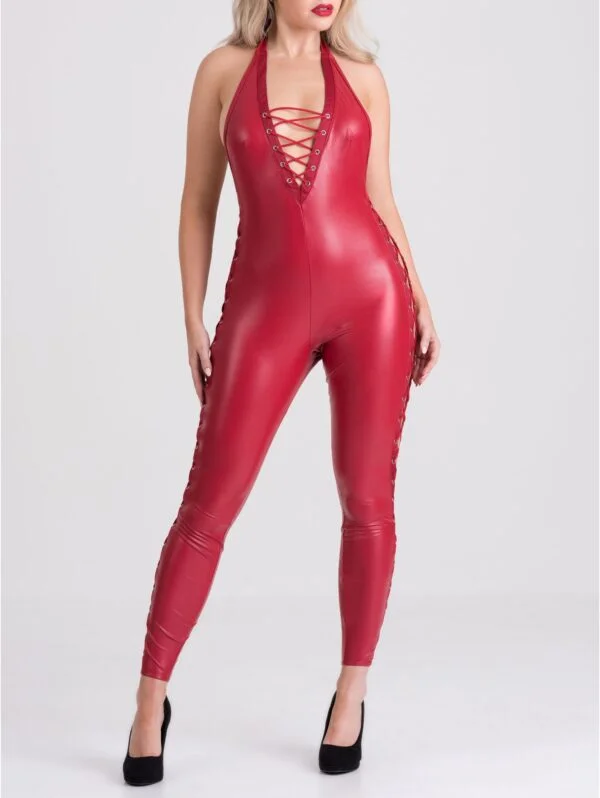 BellesHoney Plus Size Fierce Leather Look Lace-Up Red Catsuit
