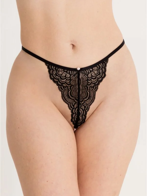 BellesHoney Satin Romance Black Lace Pearl Thong