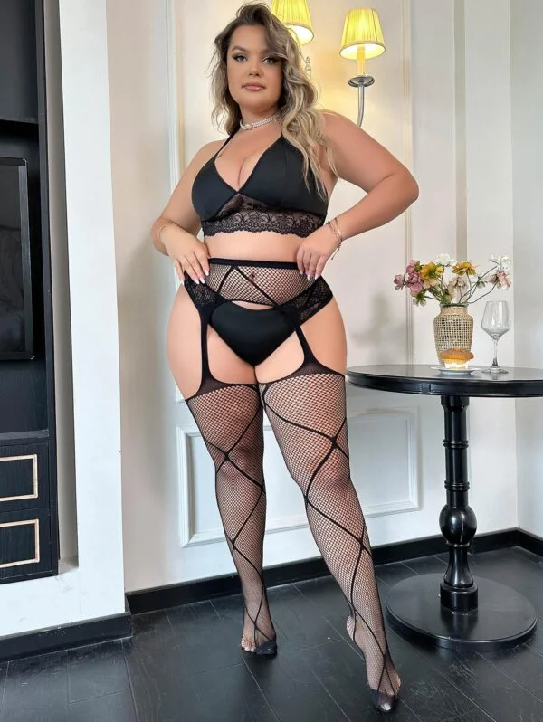 Belleshoney Plus Size Geometric Pattern Crotchless Pantyhose