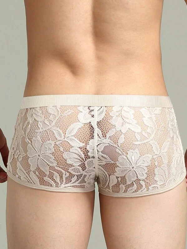 Belleshoney Men's Floral Lace Boxer Briefs in Elegant Cream